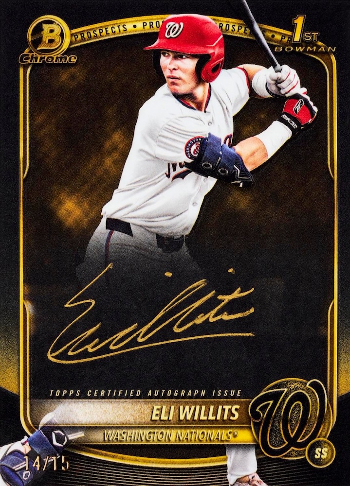 2025 Bowman Draft Baseball Eli Willits Chrome Prospect Autographs Gold Ink Variation numbered 14/15