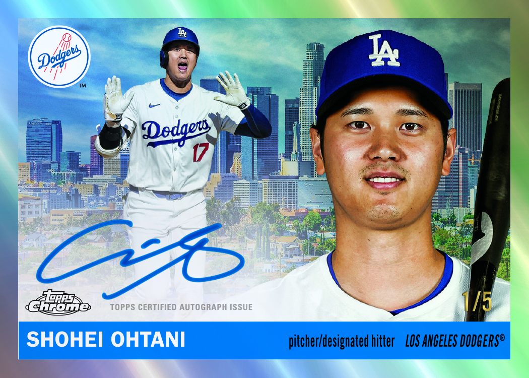 2025 Topps Chrome Platinum Baseball Shohei Ohtani 1955 Topps City Variations autograph with a Los Angeles skyline, numbered 1/5