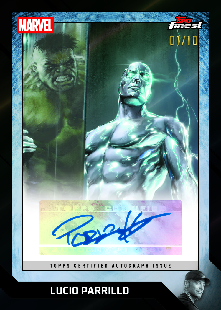 2026 Topps Finest Fantastic Four Lucio Parrillo Marvel Comic Book Artist Autograph with Silver Surfer and Hulk art, numbered 01/10