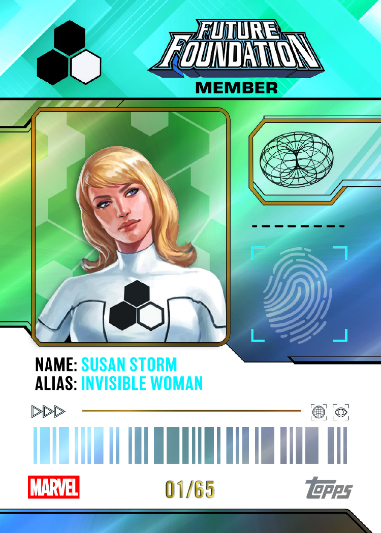 2026 Topps Finest Fantastic Four Susan Storm Future Foundation ID Card numbered 01/65
