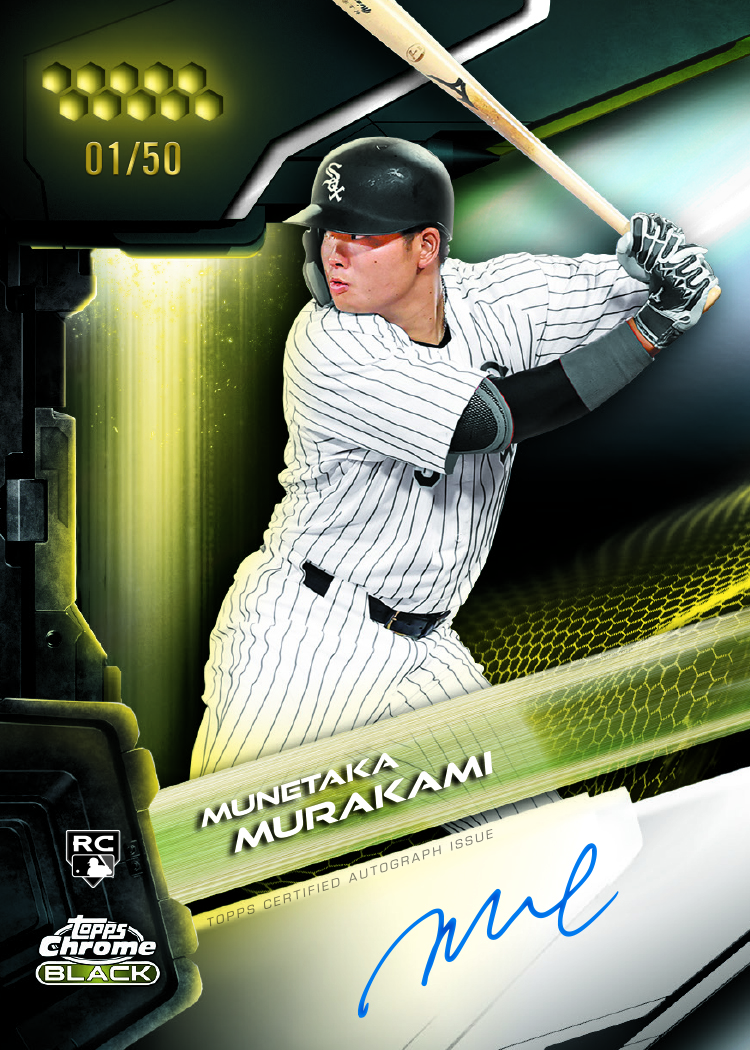 2026 Topps Chrome Black Baseball Munetaka Murakami Chrome Black Autographs Gold Refractor numbered 01/50