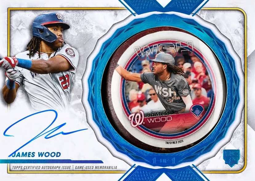 2025 Topps Inception Baseball James Wood MLB Bat Knob Sticker Autograph, a game-used bat knob with a James Wood sticker, marked 1-of-1
