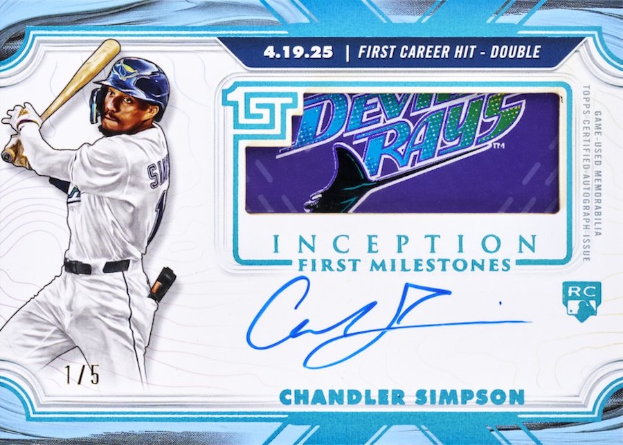 2025 Topps Inception Baseball Chandler Simpson MLB First Milestone Autograph Relics, first career hit 4.19.25, numbered 1/5