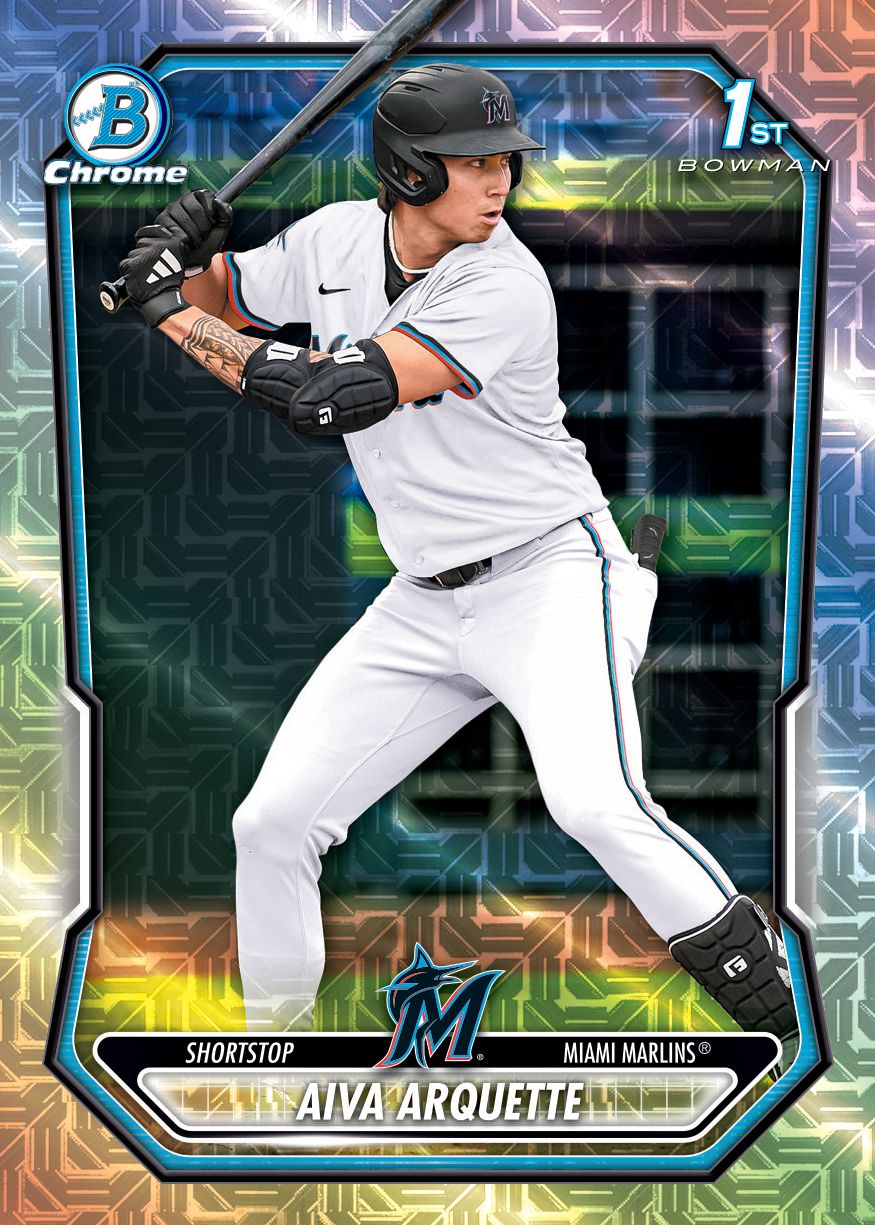 2026 Bowman Mega Box Baseball Aiva Arquette Bowman Mega Chrome Prospects BCP-40 in the silver Mega Chrome Mojo pattern with the 1st Bowman logo