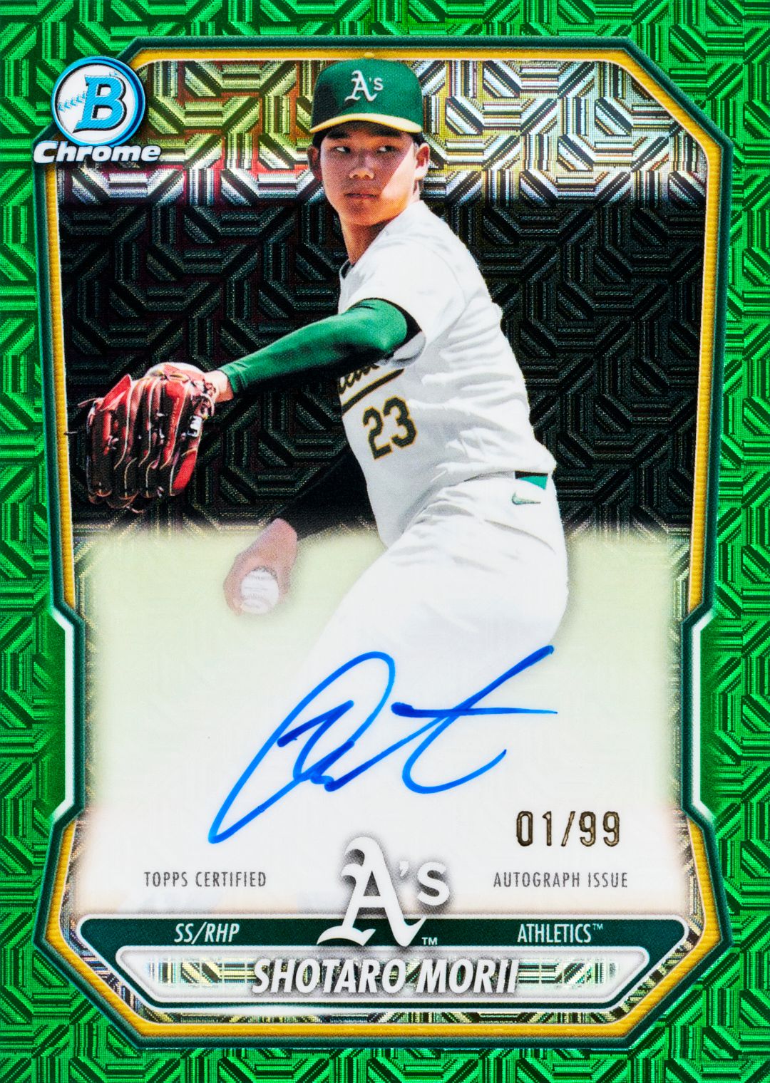 2026 Bowman Mega Box Baseball Shotaro Morii Bowman Prospect Mega Autographs Green numbered 01/99