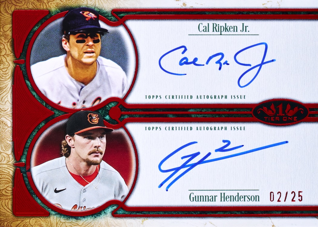 2026 Topps Tier One Baseball Cal Ripken Jr. and Gunnar Henderson Dual Autographs Red numbered 02/25