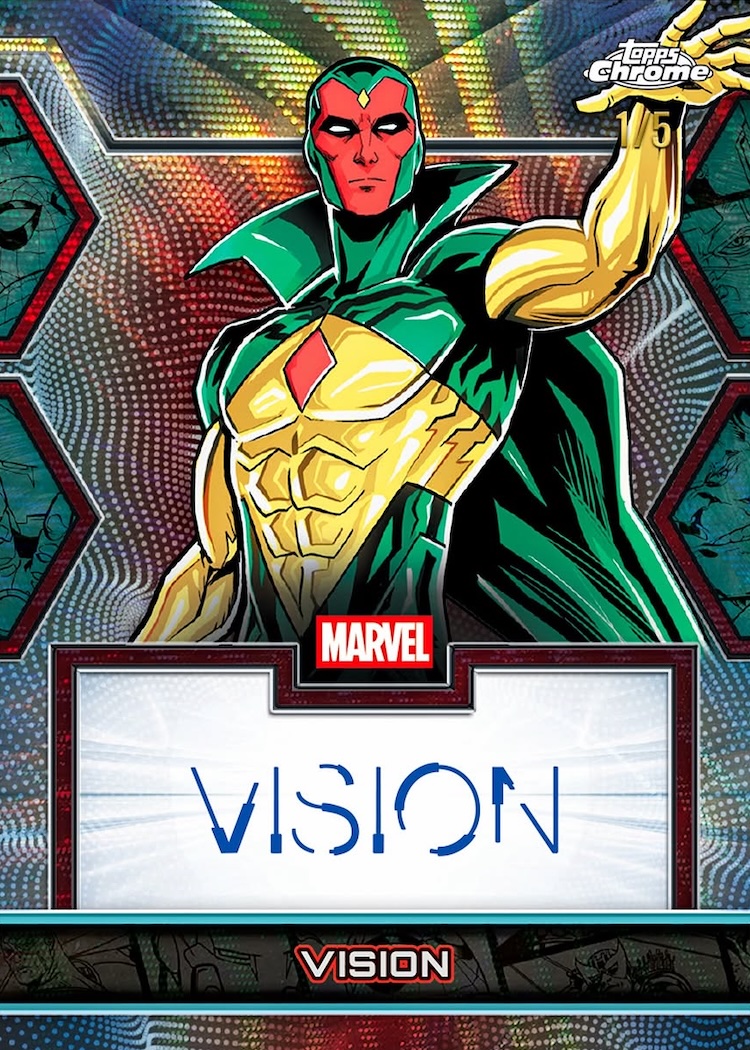 2026 Topps Chrome Marvel Comics Vision Marvel Facsimile Autographs card with a printed signature, numbered 1/5