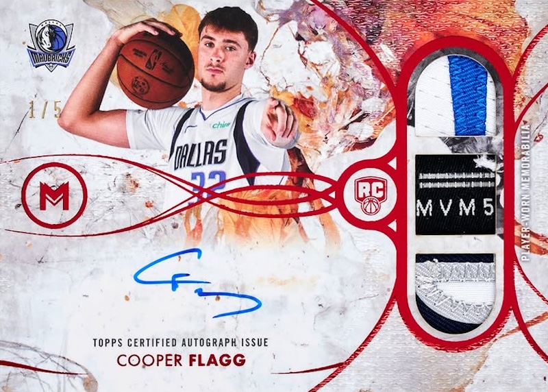 2025-26 Topps Motif Basketball Cooper Flagg Motif Rookie Triple Relic Autographs Pyrrol Scarlet, signed on card with three player-worn memorabilia pieces, numbered 1/5