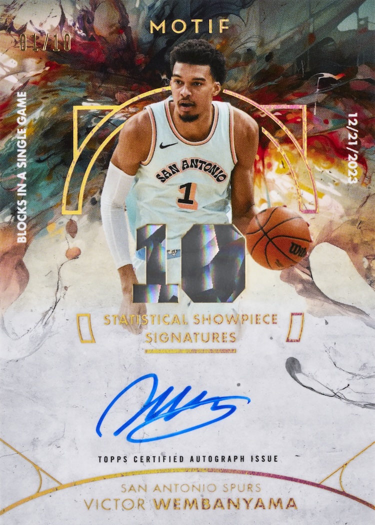 2025-26 Topps Motif Basketball Victor Wembanyama Statistical Showpiece Signatures autograph for 10 blocks in a single game, numbered 01/10