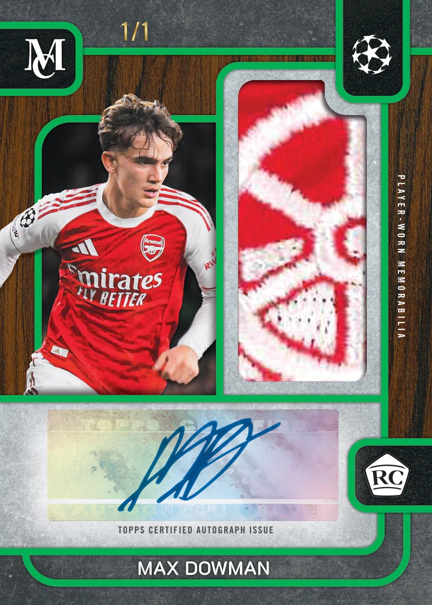 2025-26 Topps Museum Collection UEFA Club Competitions Max Dowman Museum Rookie Autograph Relic Emerald with a player-worn memorabilia piece numbered 1/1