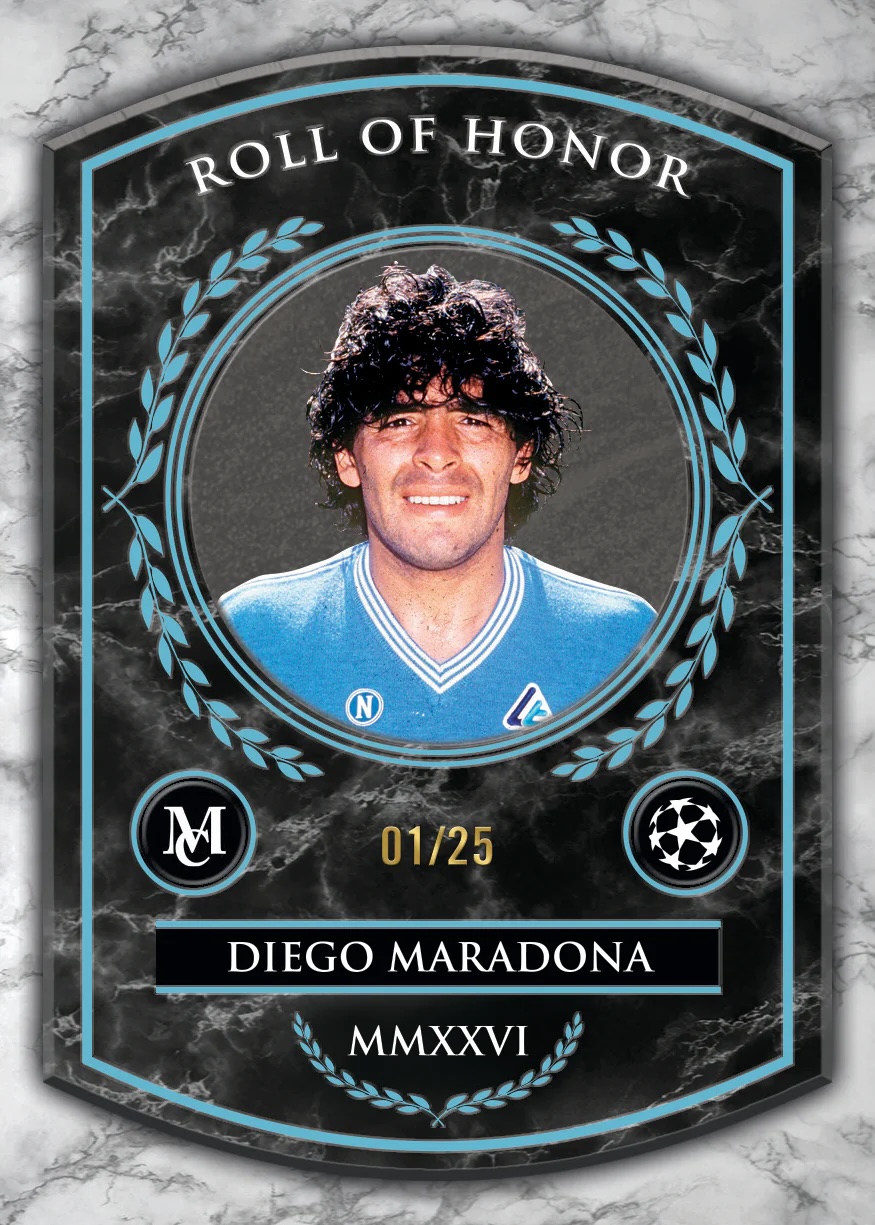 2025-26 Topps Museum Collection UEFA Club Competitions Diego Maradona Museum Roll of Honor Blue Topaz numbered 01/25