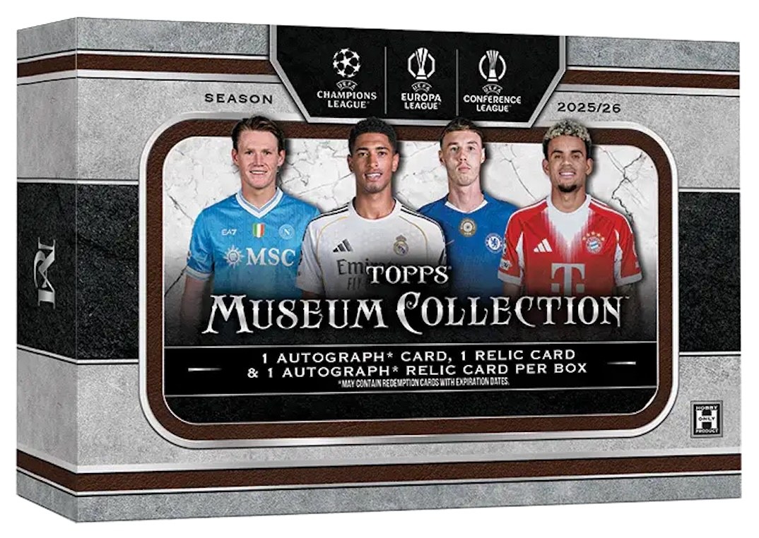 2025-26 Topps Museum Collection UEFA Club Competitions hobby box, 1 autograph card, 1 relic card and 1 autograph relic card per box