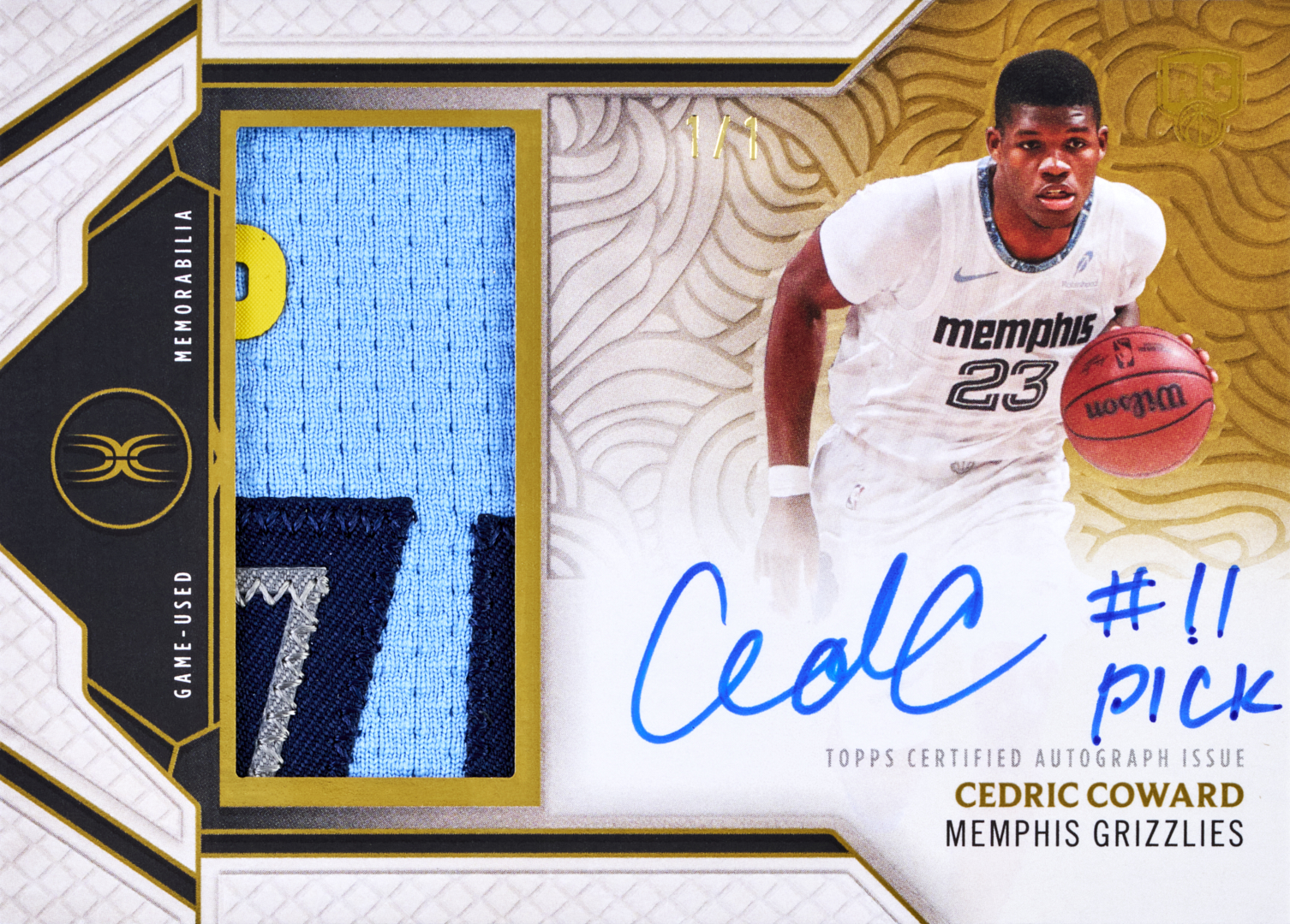 2025-26 Topps Definitive Basketball Cedric Coward Opening Act Rookie Relic Autographs Gold numbered 1/1, inscribed #11 Pick