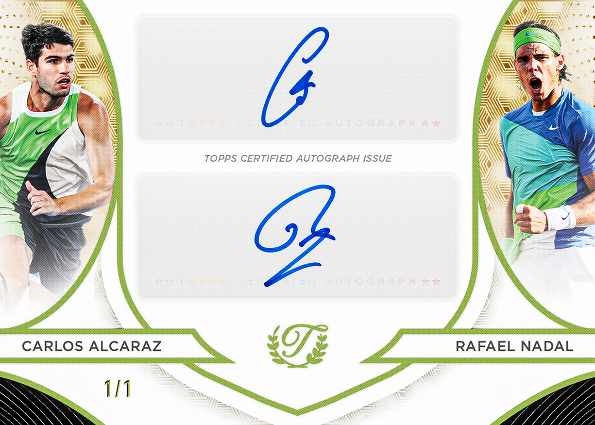 2026 Topps Triumphant Tennis Dynamic Doubles dual autograph of Carlos Alcaraz and Rafael Nadal numbered 1/1