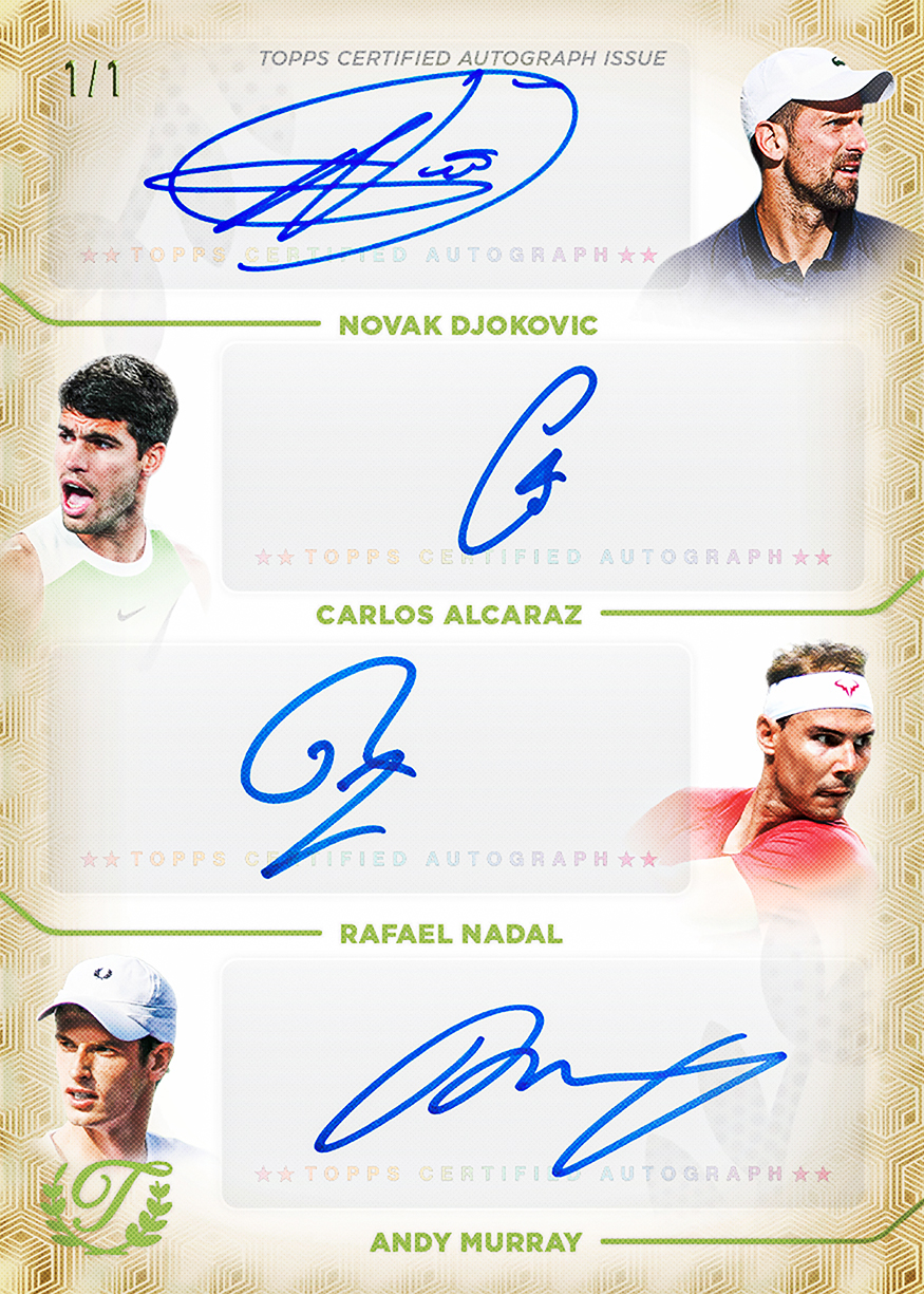2026 Topps Triumphant Tennis Grand Slam Quad Autograph of Novak Djokovic, Carlos Alcaraz, Rafael Nadal and Andy Murray numbered 1/1