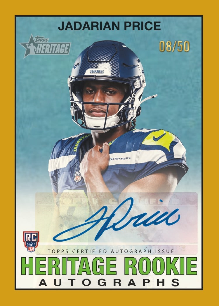 2026 Topps Heritage Football Jadarian Price Heritage Rookie Autographs Gold Border numbered 08/50