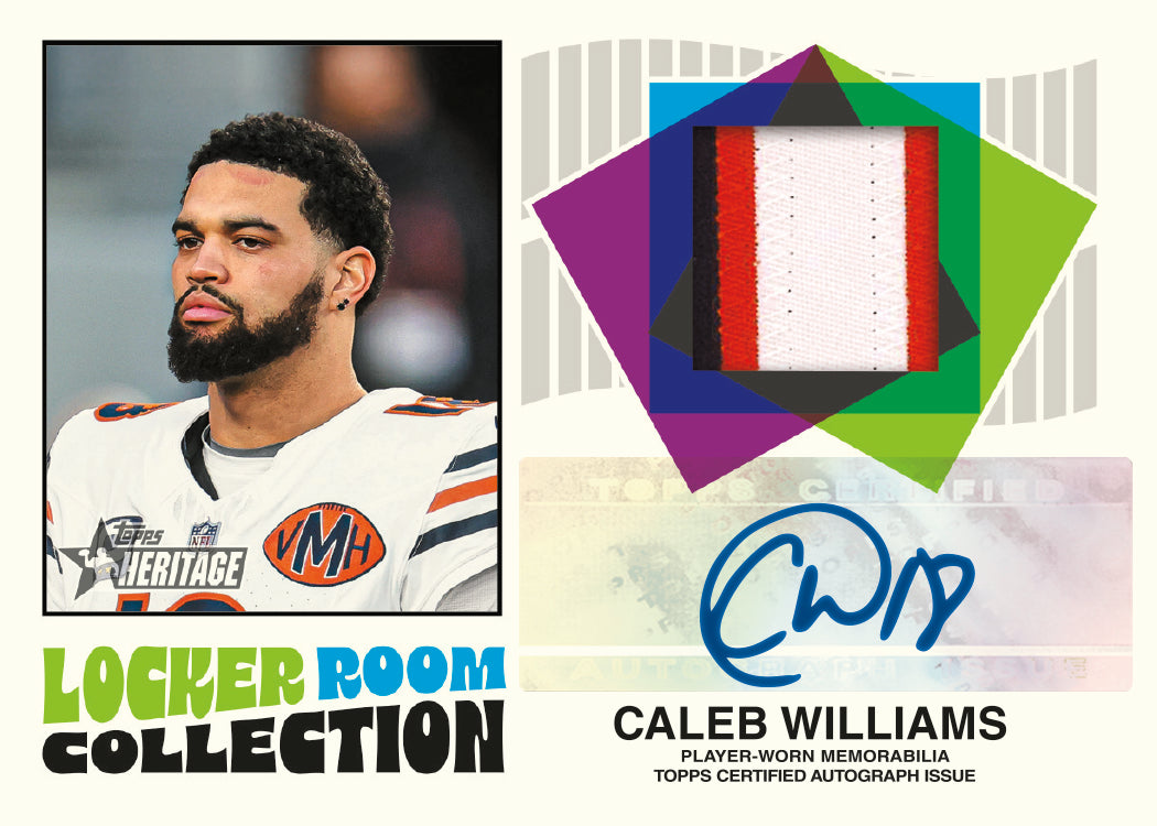 2026 Topps Heritage Football Caleb Williams Locker Room Autograph Relic with a player-worn memorabilia piece