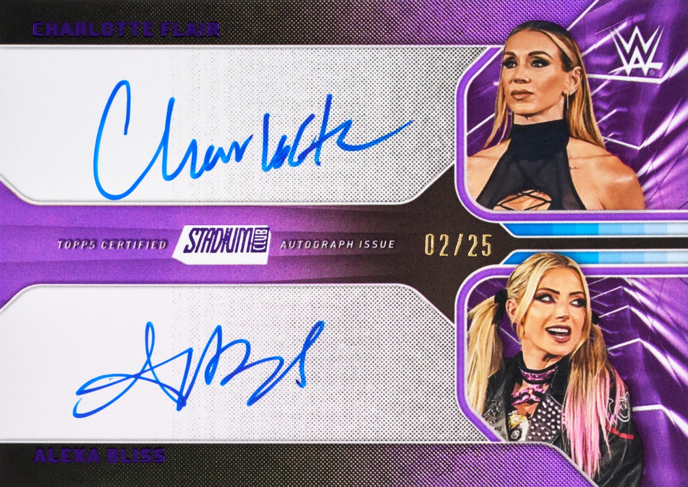 2026 Topps Stadium Club WWE Charlotte Flair and Alexa Bliss Dual Autograph numbered 02/25