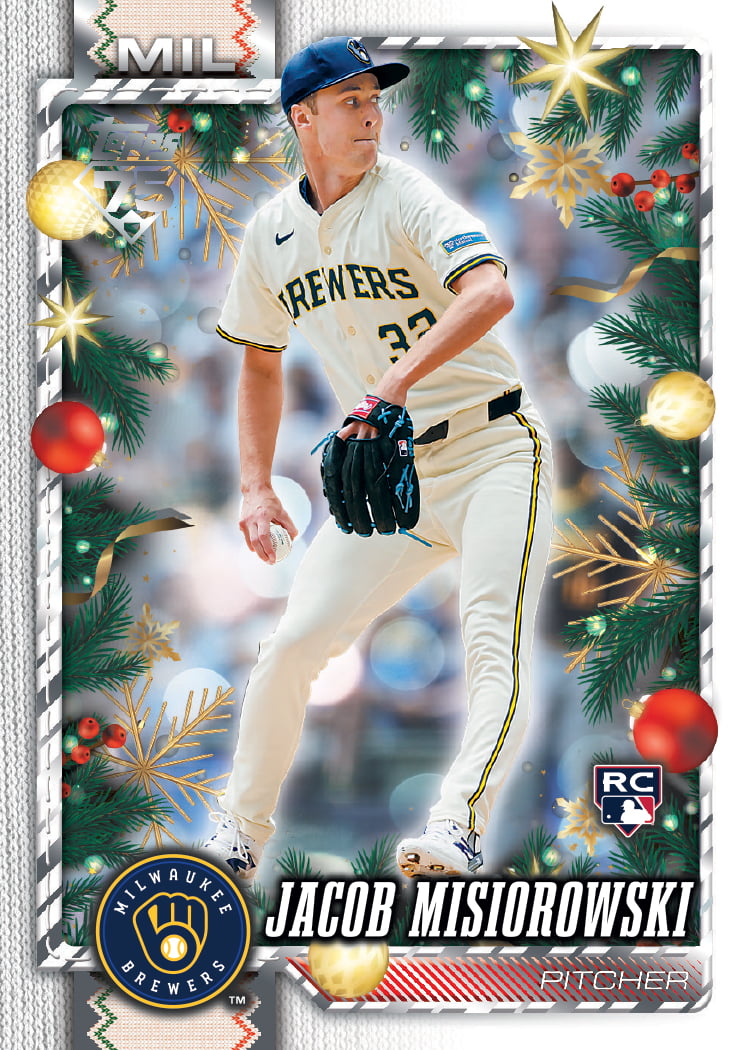 2026 Topps Holiday Baseball Jacob Misiorowski base card rookie, white knit border with evergreen garland and ornaments