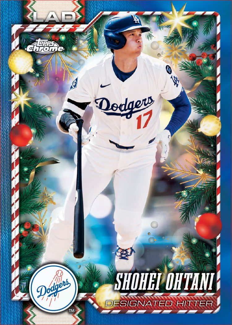 2026 Topps Holiday Baseball Shohei Ohtani Base Chrome Variation with a blue knit border