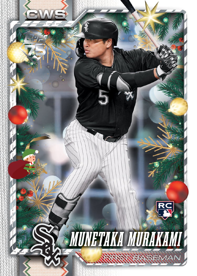 2026 Topps Holiday Baseball Munetaka Murakami Hidden Elf rookie card with the elf and his red sack tucked into the left border