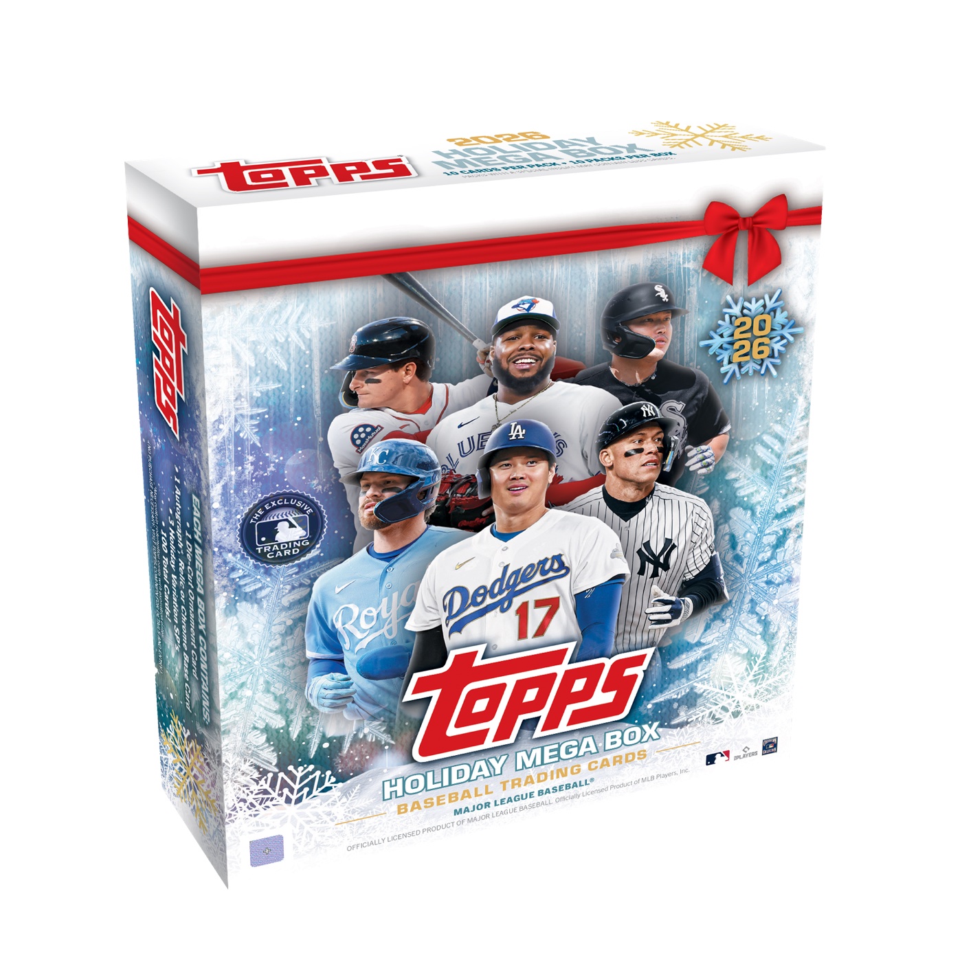 2026 Topps Holiday Baseball Mega Box, 10 packs of 10 cards with one autograph, relic or Chrome base card per box