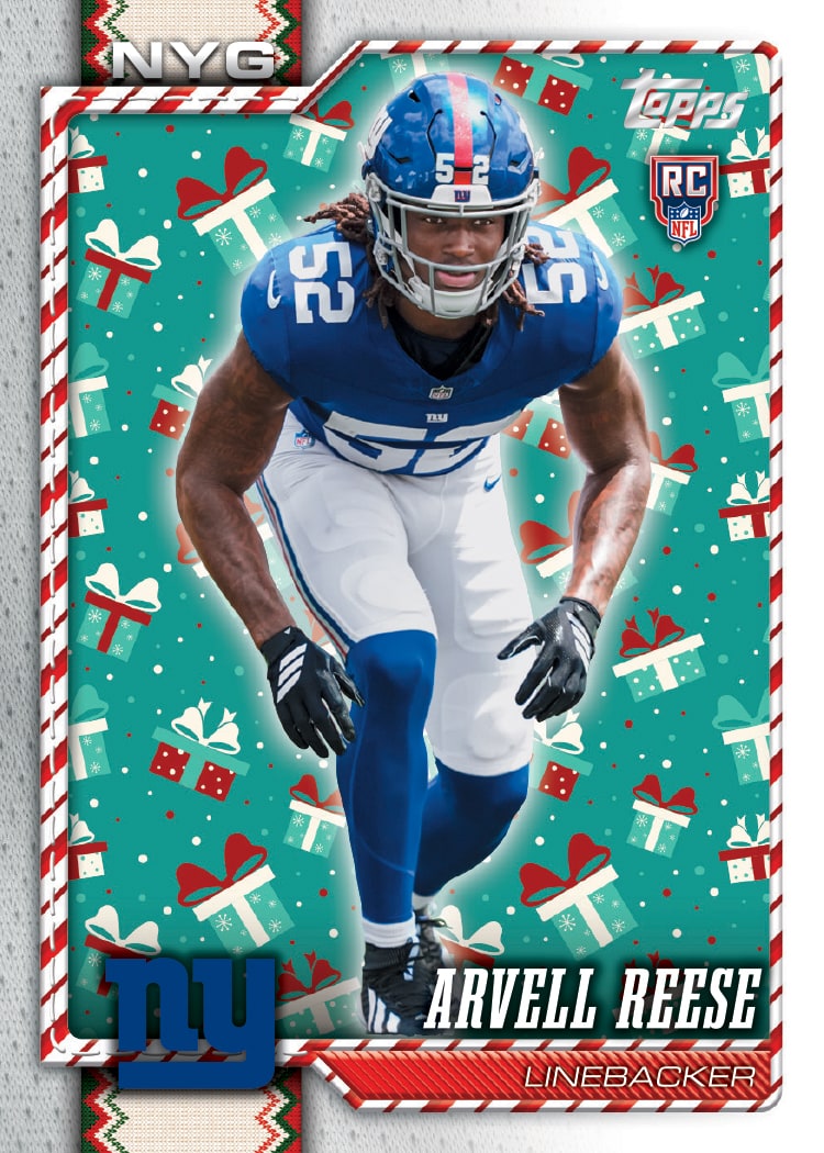 2026 Topps Holiday Football Arvell Reese Rookies Holiday Spirit Variation with a gift-wrap background