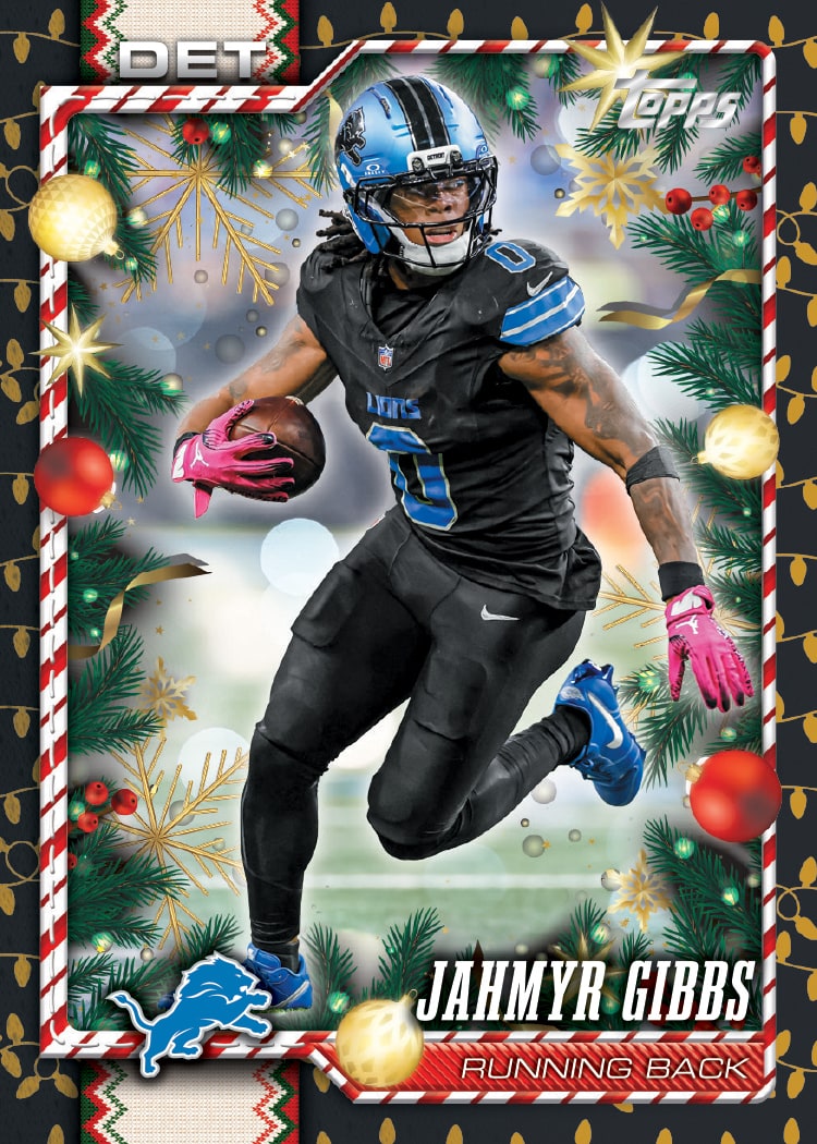 2026 Topps Holiday Football Jahmyr Gibbs Base parallel with a black border hung with gold string lights