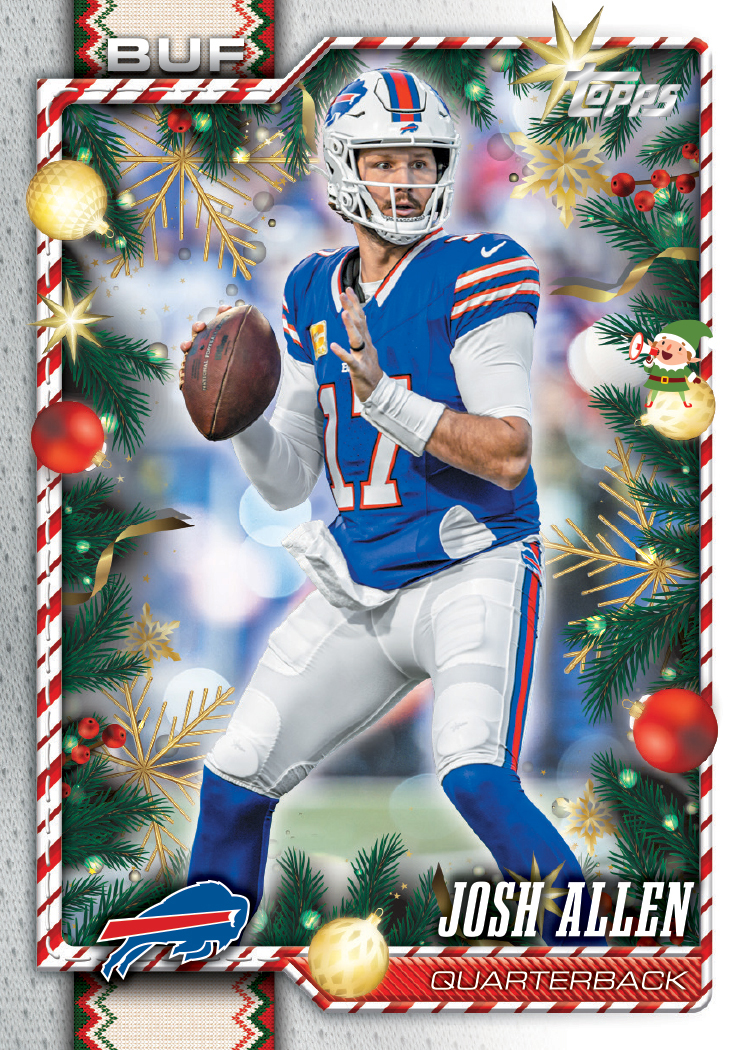 2026 Topps Holiday Football Josh Allen Hidden Elf with a small elf on an ornament beside him