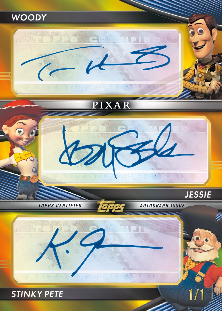 2026 Topps Vault Disney Disney Triples autograph of Woody, Jessie and Stinky Pete numbered 1/1