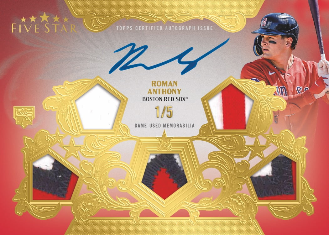 2026 Topps Five Star Baseball Roman Anthony Quintuple Relic Autographs Ruby with five memorabilia pieces, numbered 1/5